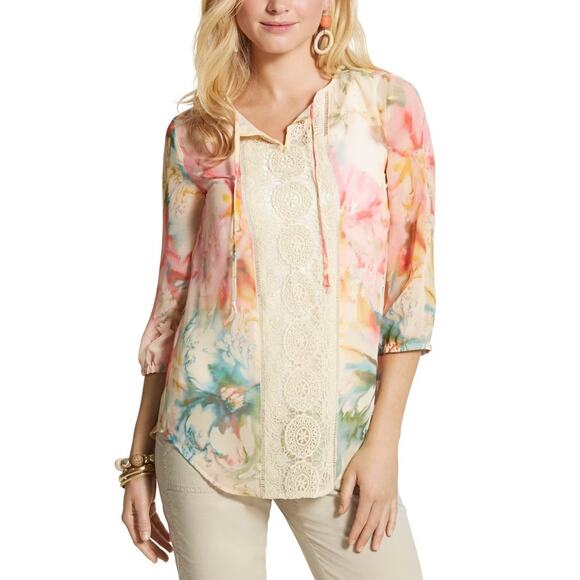 Chico's Sz 3 Diffused Floral Lynelle Top Pastel Watercolor Chiffon Spring Blouse - Picture 1 of 14